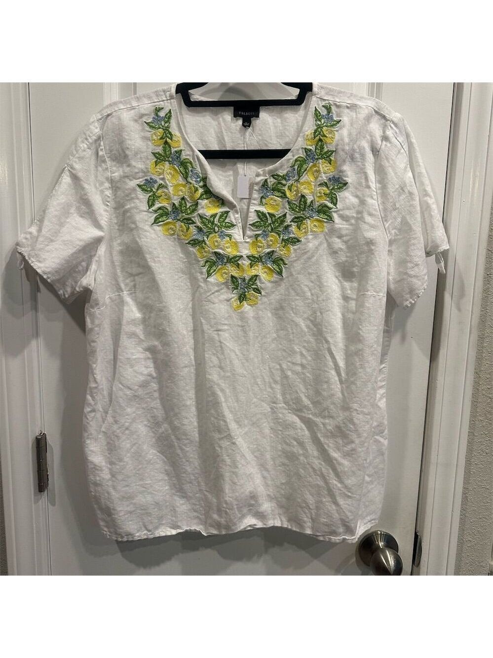 Talbots Women's L White V-Neck Blouse Embroidered Lemon Tie Sleeve